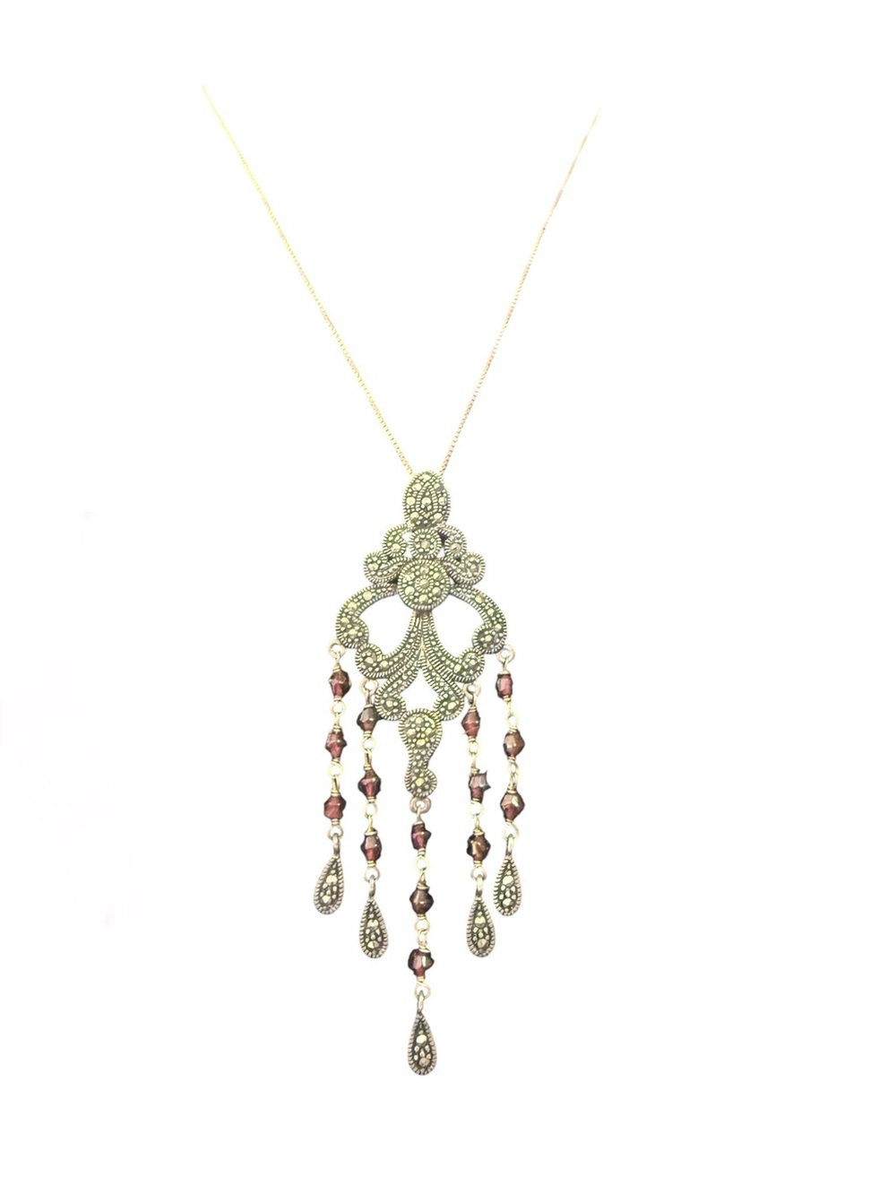 Fire and Ice Antique-Style Silver Chandelier  Pendant Necklace Garnet Accents